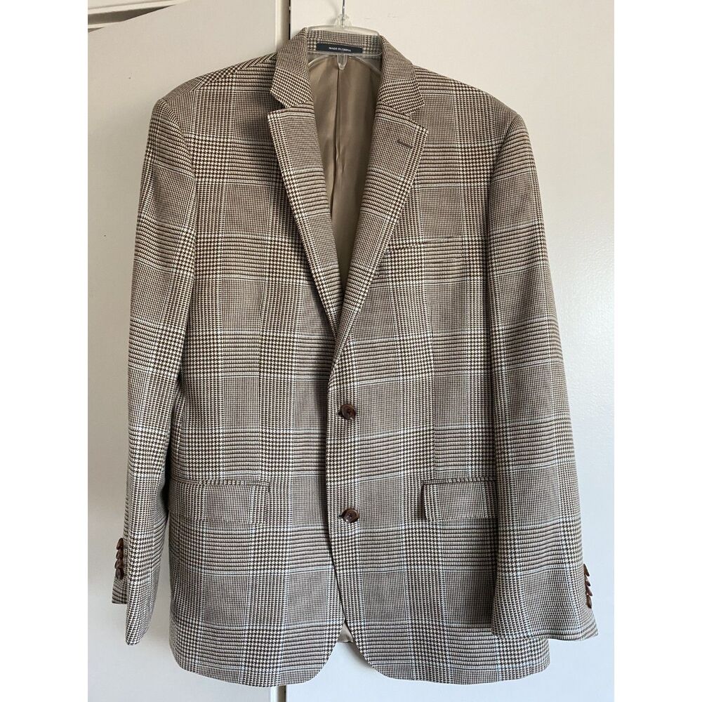 Lauren Ralph Mens Plaid Blazer Jacket Two Button Silk Blend Houndstooth 42R